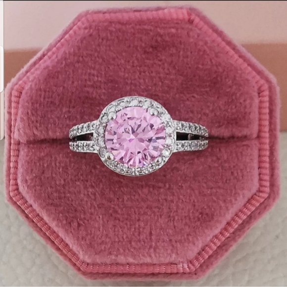 Swarovski Elements 925 Sterling Silver Round Pink Solitaire Halo Ring NEW - Picture 10 of 17